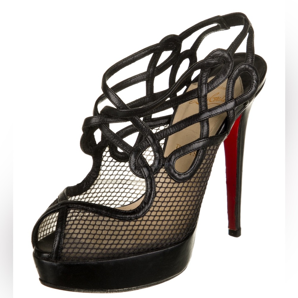 Christian Louboutin Black Mesh Cutout Platform Stiletto with Red Sole